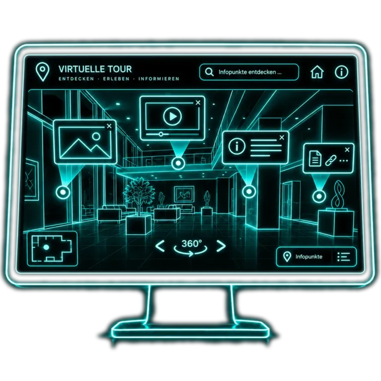 Interaktive Infopunkte mit Bildern und Informationen in einer virtuellen Tour